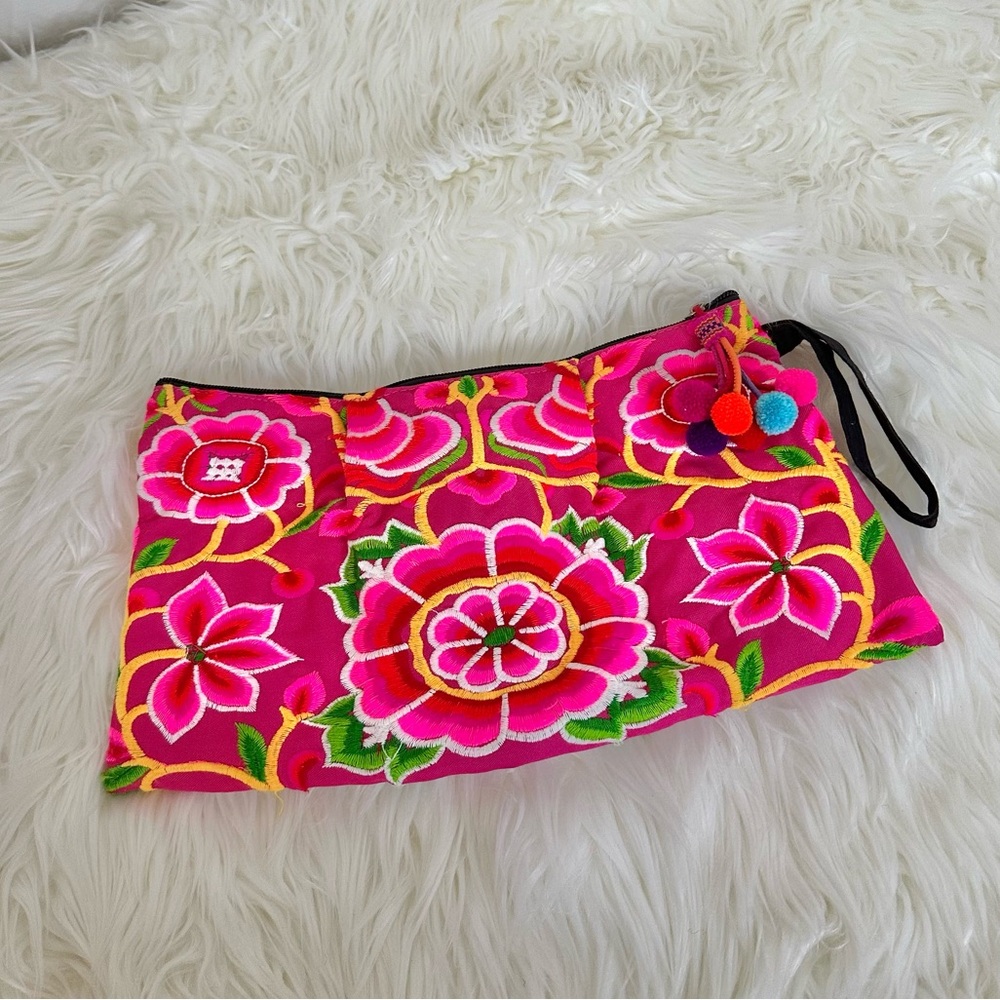 Thai Embroidered Floral Wristlet